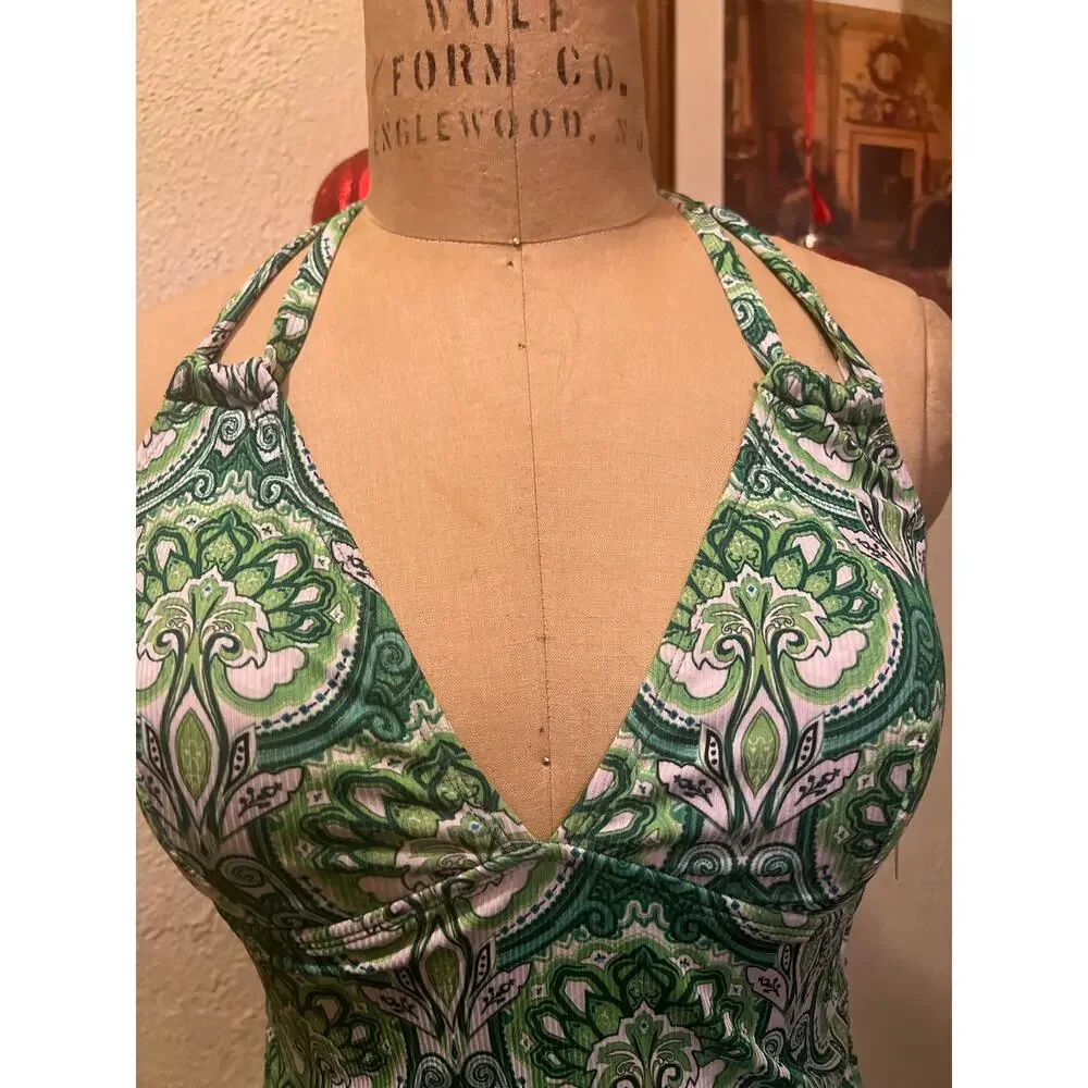 Green Paisley Ribbed V-neck Cutout Back Tankini Top NWT Size L (Runs Small)